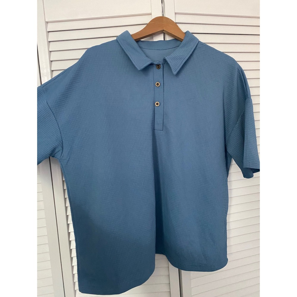 Blue Waffle Knit Polo Shirt Short Sleeve Oversized Button Up Top XL